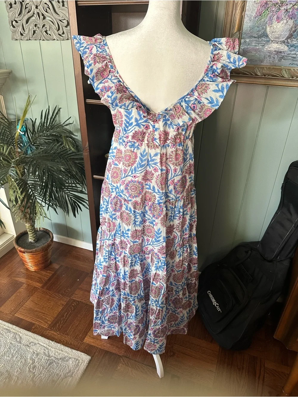 J. Crew 100% Cotton Floral Ruffle-Strap Maxi Dress in Blue & Pink